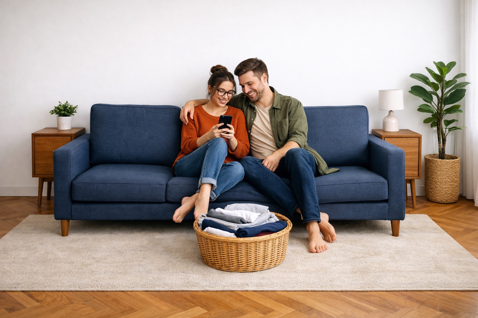 Pareja en su sala pidiendo el servicio desde el celular junto a una canasta de ropa