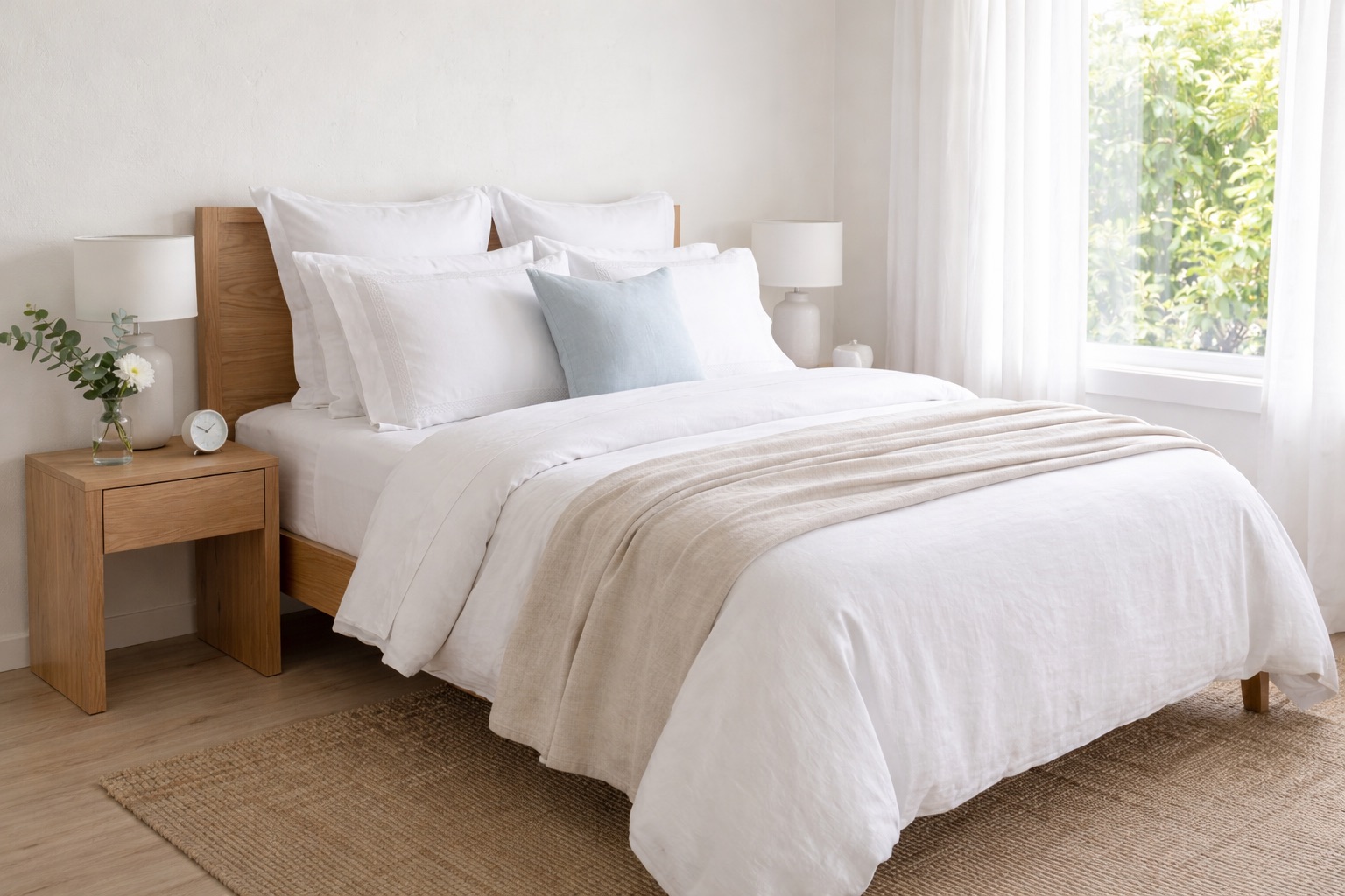 Cama con edredón y cubrecama blancos recién lavados